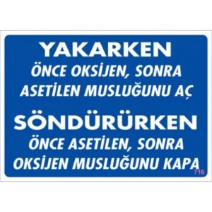 Pvc Levha "Yakarken Önce Oksijen Sonra Asetilen Musluğunu Aç Söndürürken Önce Asetilen Sonra Oksijen Musluğunu Kapa 25X35 Cm